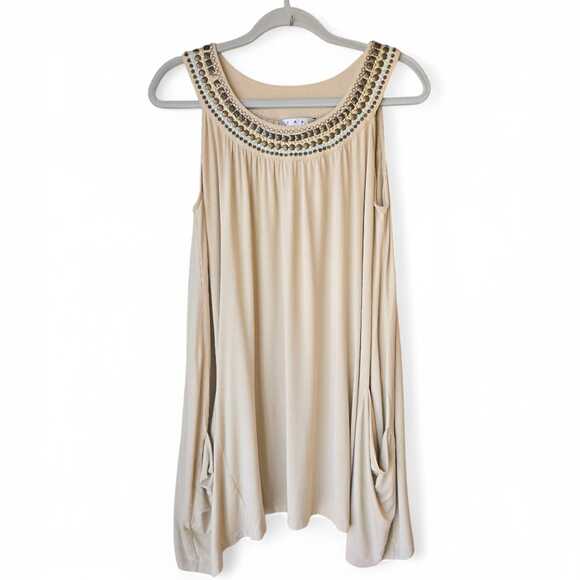 CAbi Tops - Cabi Women's Beaded Tunic Top Size M Beige Pockets Egypt Asymmetrical Boho